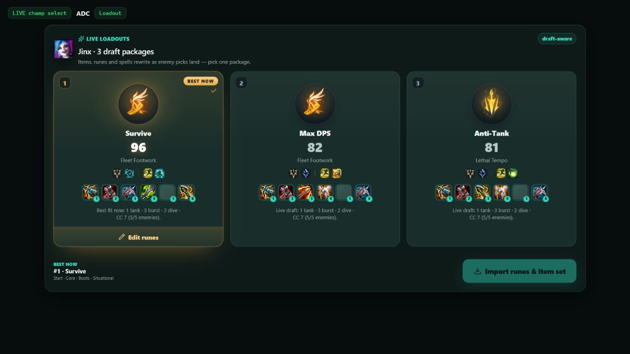 CarryForge loadout stage with three complete draft-aware build packages and an import button